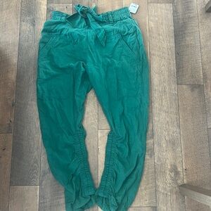 Free People Linen Blend Tapered Pants Cinched Side Front Tie Green Size LARGE